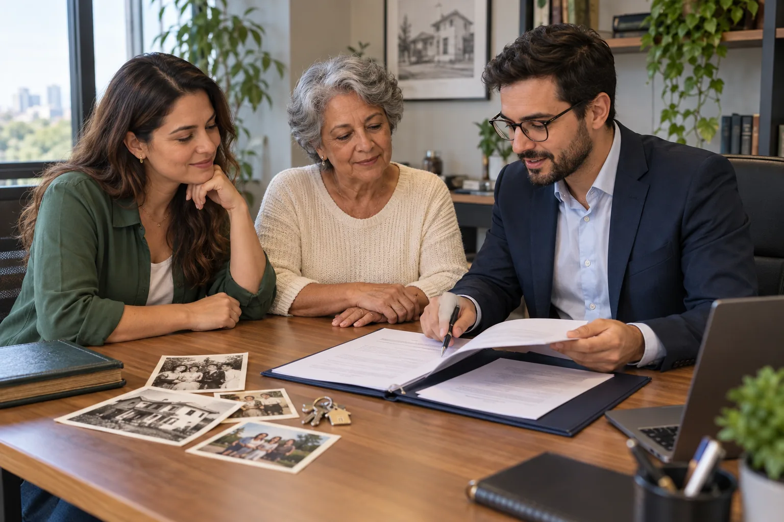 Família organizando documentos patrimoniais com um profissional.